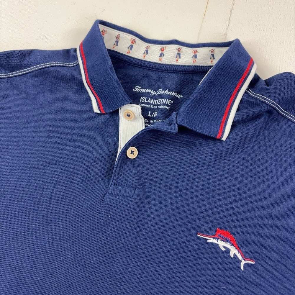 Tommy Bahama IslandZone Pima Polo Shirt Mens L Blue Marlin Logo Short Sleeve